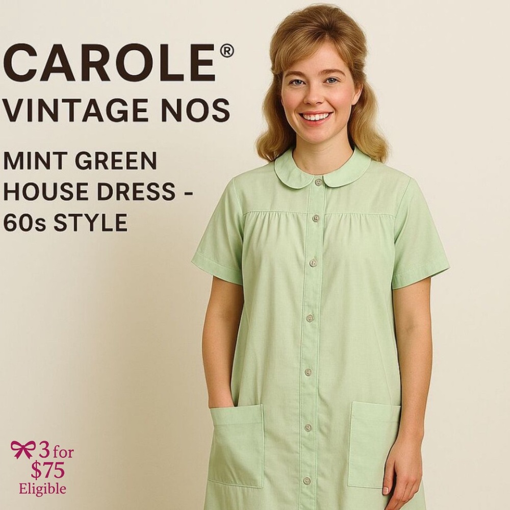 🎀  Vintage Carole Mint Green House Dress w/ Tags Peter Pan Collar S